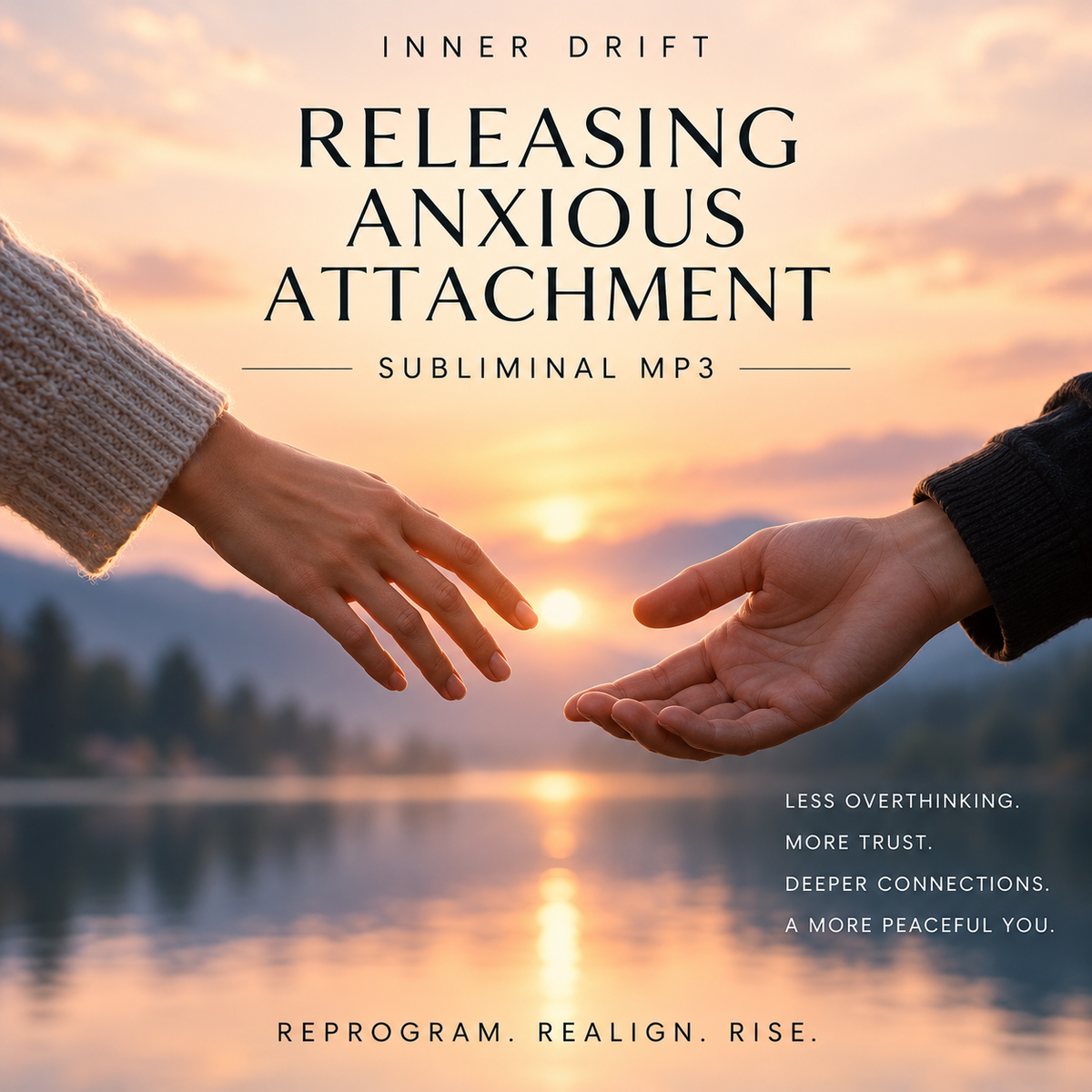 Digital cover art for an MP3 subliminal program titled 'Releasing Anxious Attachment' by Inner Drift. The design features a warm sunset over a calm lake with two hands reaching toward each other, with text overlays detailing the benefits of the program.