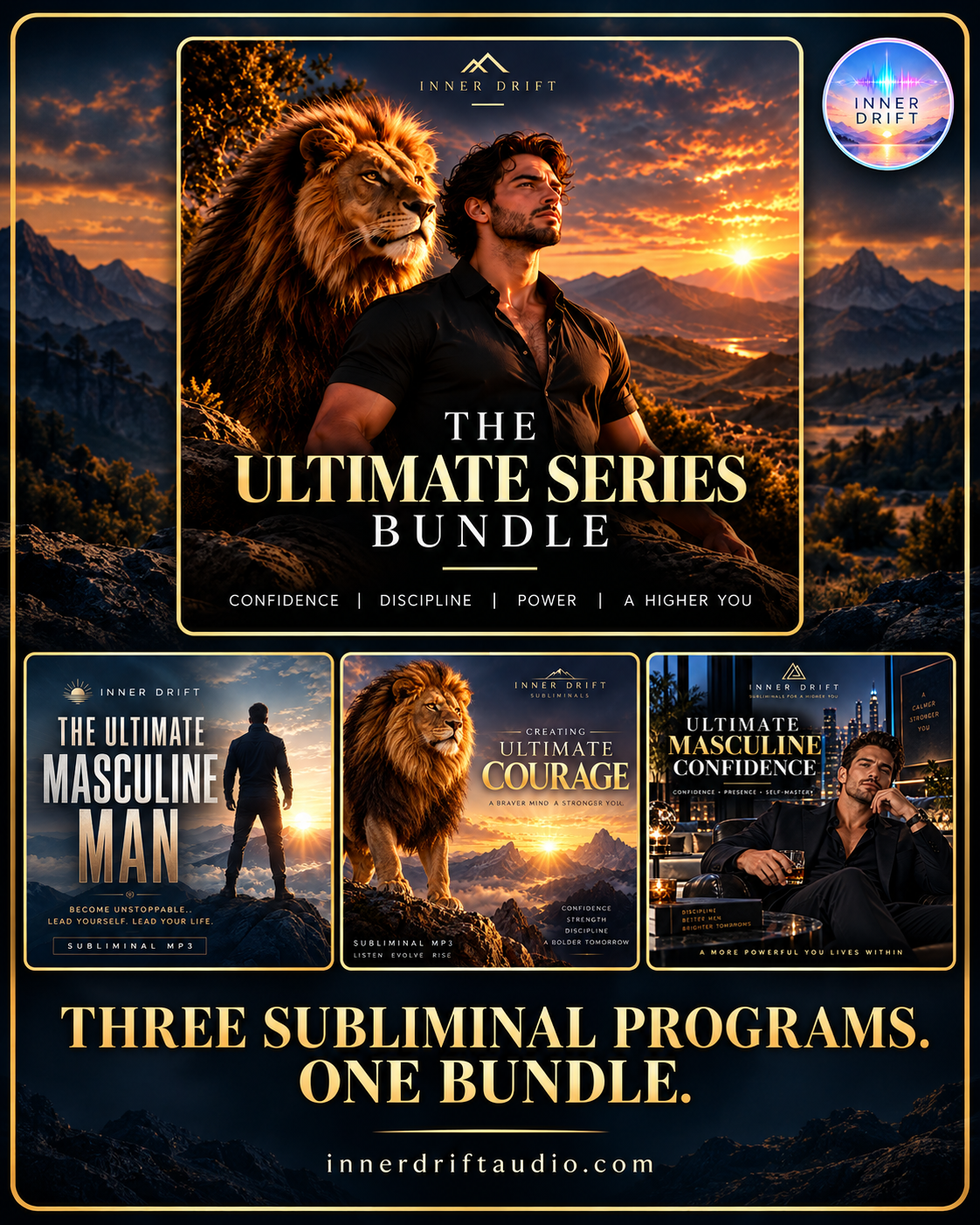 Promotional graphic for an audio bundle titled 'The Ultimate Series Bundle' by Inner Drift. The design features a large central cover with a lion and a man against a mountain sunset, plus two smaller cover thumbnails below showing 'The Ultimate Masculine Man,' 'Ultimate Courage,' and 'Ultimate Masculine Confidence.