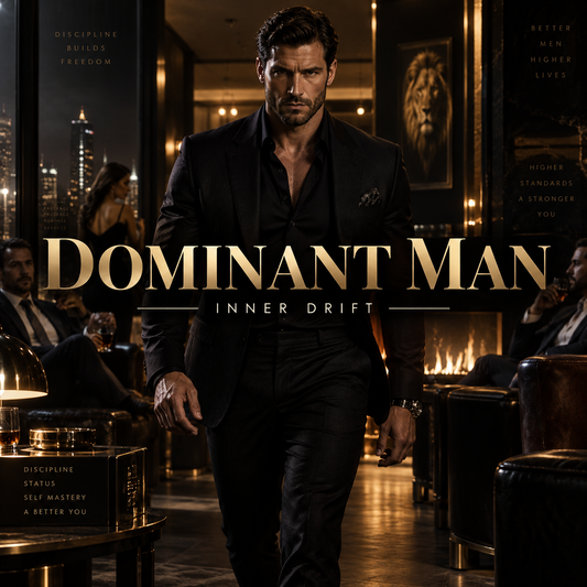 A man in a black suit walks through a dimly lit lounge with large windows, city skyline at night, and warm fireplace light in the background. Large overlaid text reads 'DOMINANT MAN' and 'INNER DRIFT'.