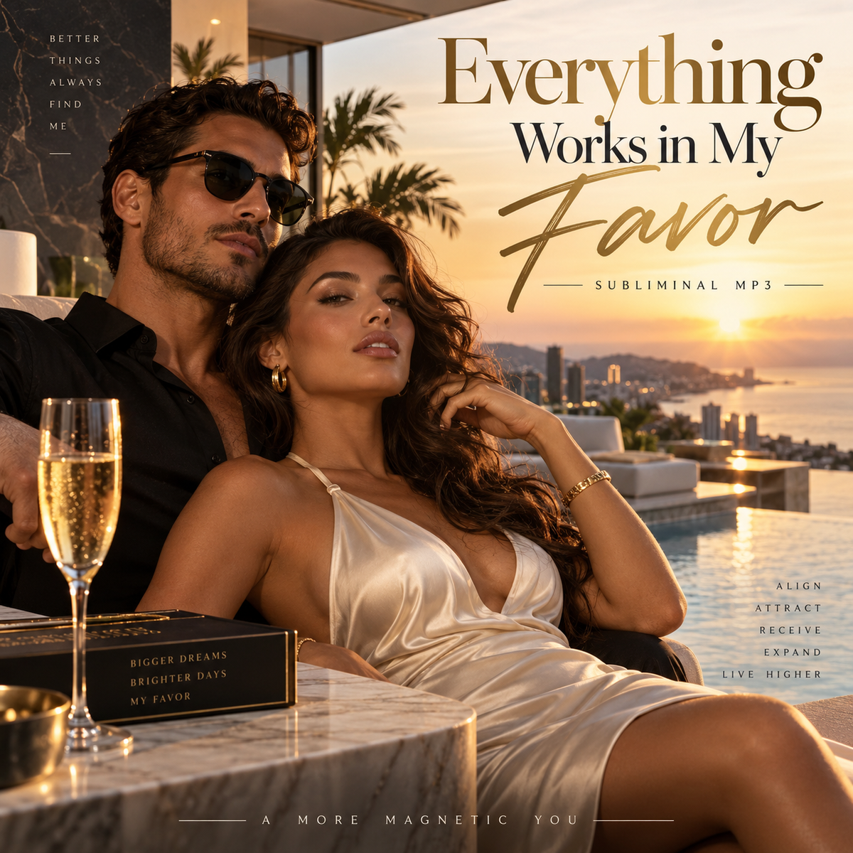 Album cover art for 'Everything Works in My Favor' by Inner Drift, featuring a man and woman in a luxurious setting by a pool at sunset, with champagne glasses and the album title in elegant typography.t