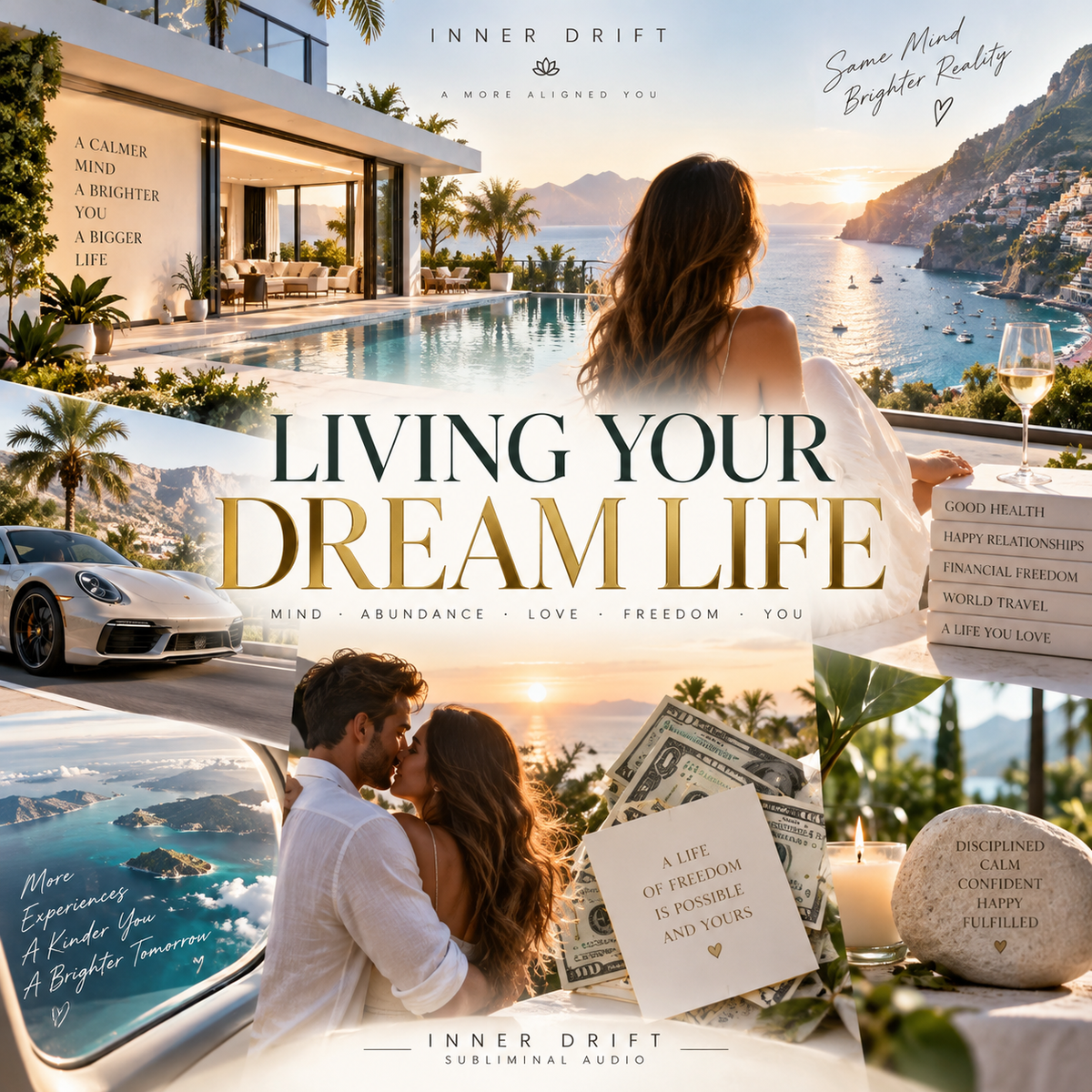A collage-style promotional graphic with the text 'LIVING YOUR DREAM LIFE' over scenes of a woman by a pool and sea, a man kissing her, a luxury car, cash, candles, and motivational cards. Branding at the top and bottom reads 'INNER DRIFT' and 'SUBLIMINAL AUDIO'.
