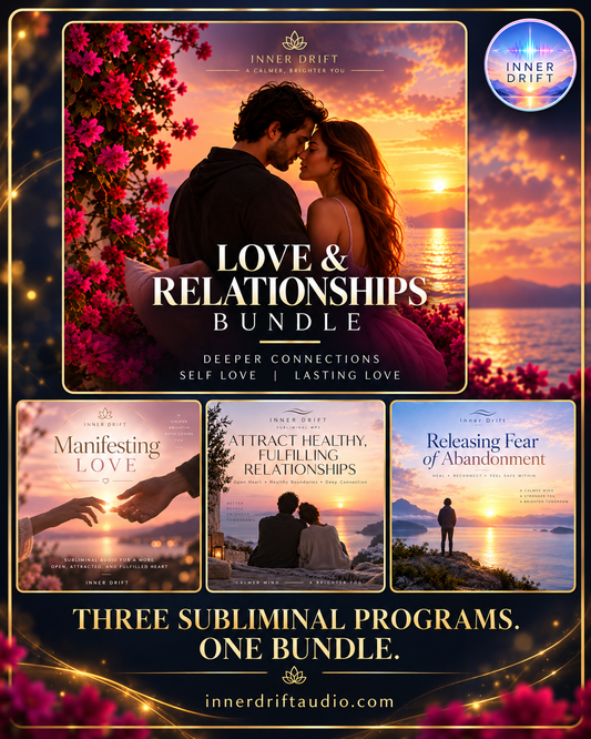 Inner Drift Love & Relationships Bundle cover showing three subliminal audio programs: Manifesting Love, Attract Healthy Fulfilling Relationships, and Releasing Fear of Abandonment