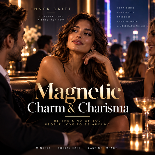 Promotional cover art for 'Magnetic Charm & Charisma' by Inner Drift, featuring a woman in a dimly lit, upscale social setting with other people blurred in the background. The text overlays describe the mindset and social ease benefits of the program.