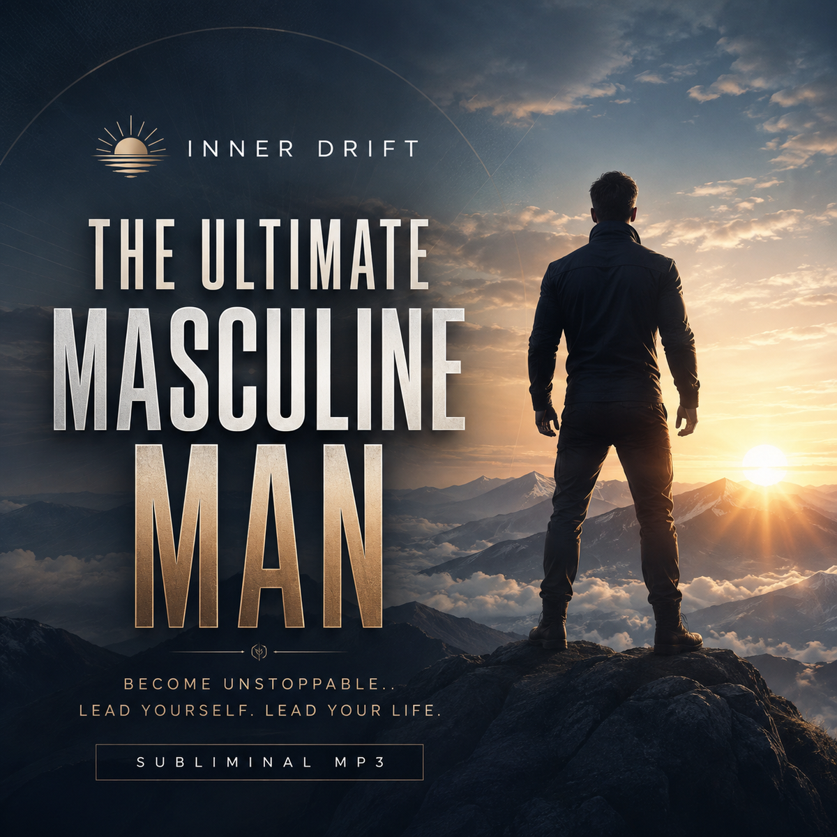 Digital cover art for 'The Ultimate Masculine Man' by Inner Drift, featuring a silhouette of a man standing on a mountain peak at sunset with clouds and mountains in the background. The text is displayed prominently in white and gold.