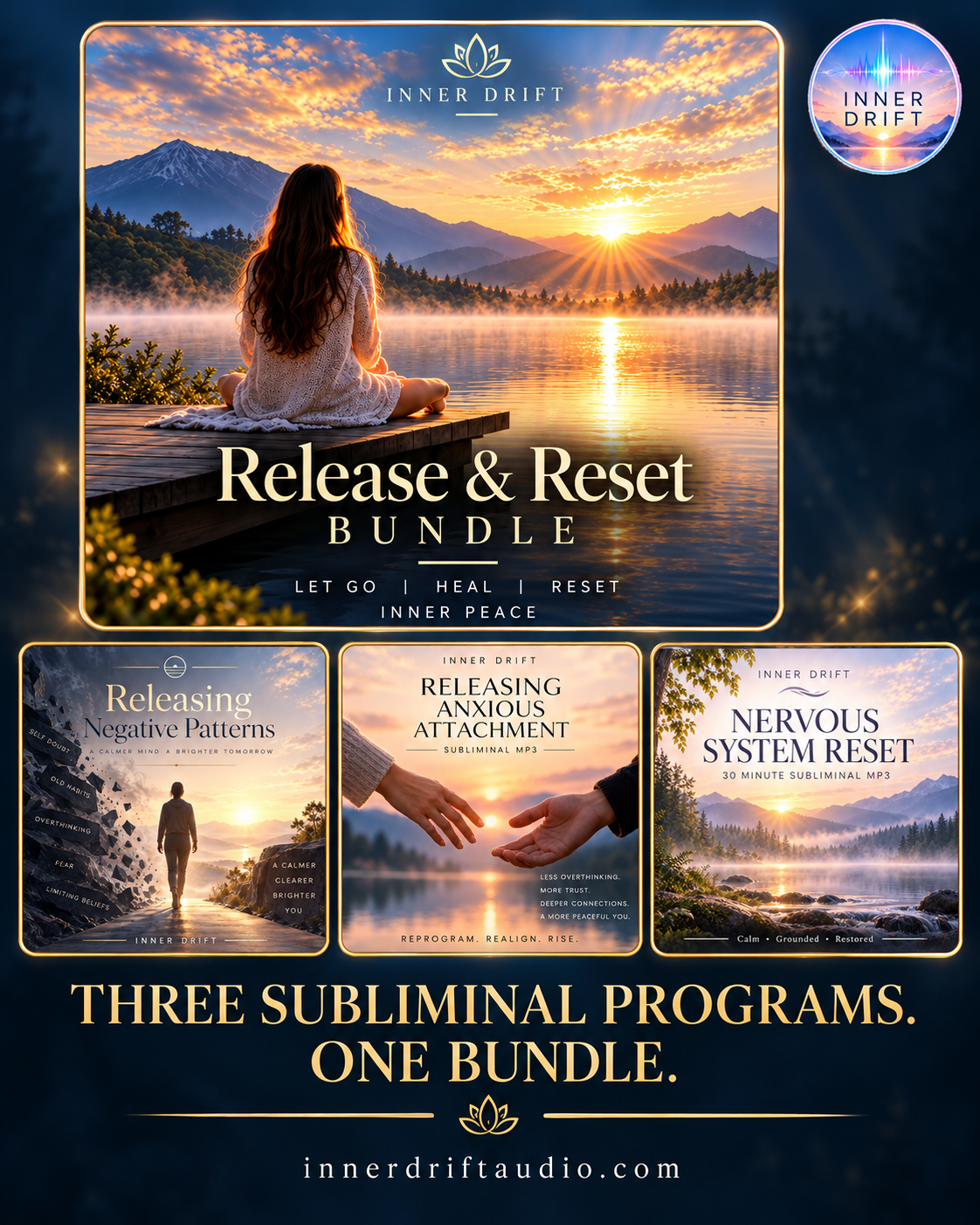 Inner Drift Release & Reset Bundle cover showing three subliminal audio programs: Releasing Negative Patterns, Releasing Anxious Attachment, and Nervous System Reset