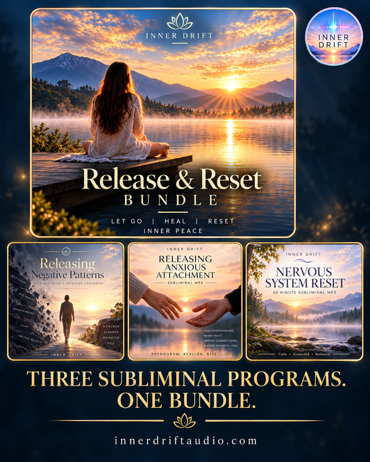 Inner Drift Release & Reset Bundle cover showing three subliminal audio programs: Releasing Negative Patterns, Releasing Anxious Attachment, and Nervous System Reset