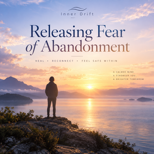 A square album-style cover for 'Releasing Fear of Abandonment' by Inner Drift, showing a silhouetted person standing on a rocky shoreline at sunset over water, with large title text across the top.