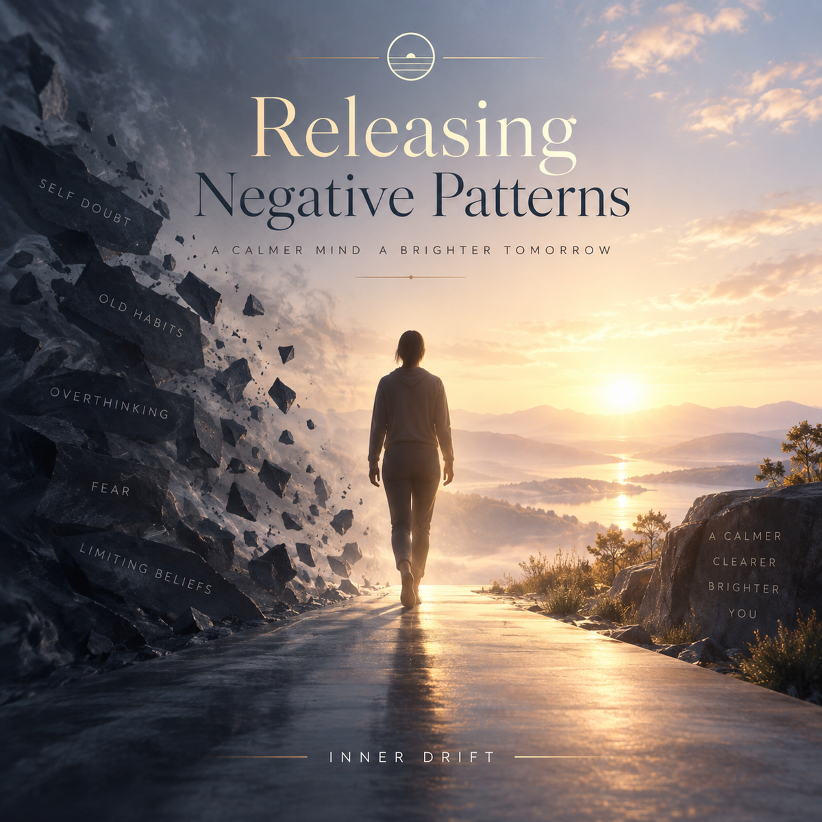 Book cover for 'Releasing Negative Patterns' by Inner Drift, featuring a silhouette of a person walking toward a sunrise on a misty mountain path, with text overlays highlighting negative patterns like self-doubt and limiting beliefs.