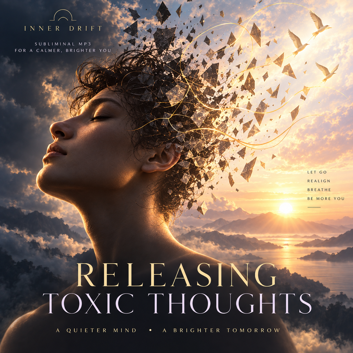Album-style cover art with a woman in profile against a sunset seascape, with shattered glass and golden light flowing from her hair. Visible text reads 'INNER DRIFT,' 'Releasing Toxic Thoughts,' and 'A Quieter Mind • A Brighter Tomorrow.