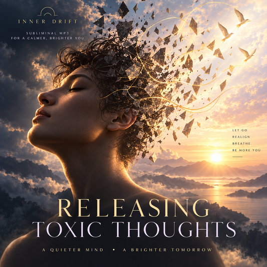 Album-style cover art with a woman in profile against a sunset seascape, with shattered glass and golden light flowing from her hair. Visible text reads 'INNER DRIFT,' 'Releasing Toxic Thoughts,' and 'A Quieter Mind • A Brighter Tomorrow.