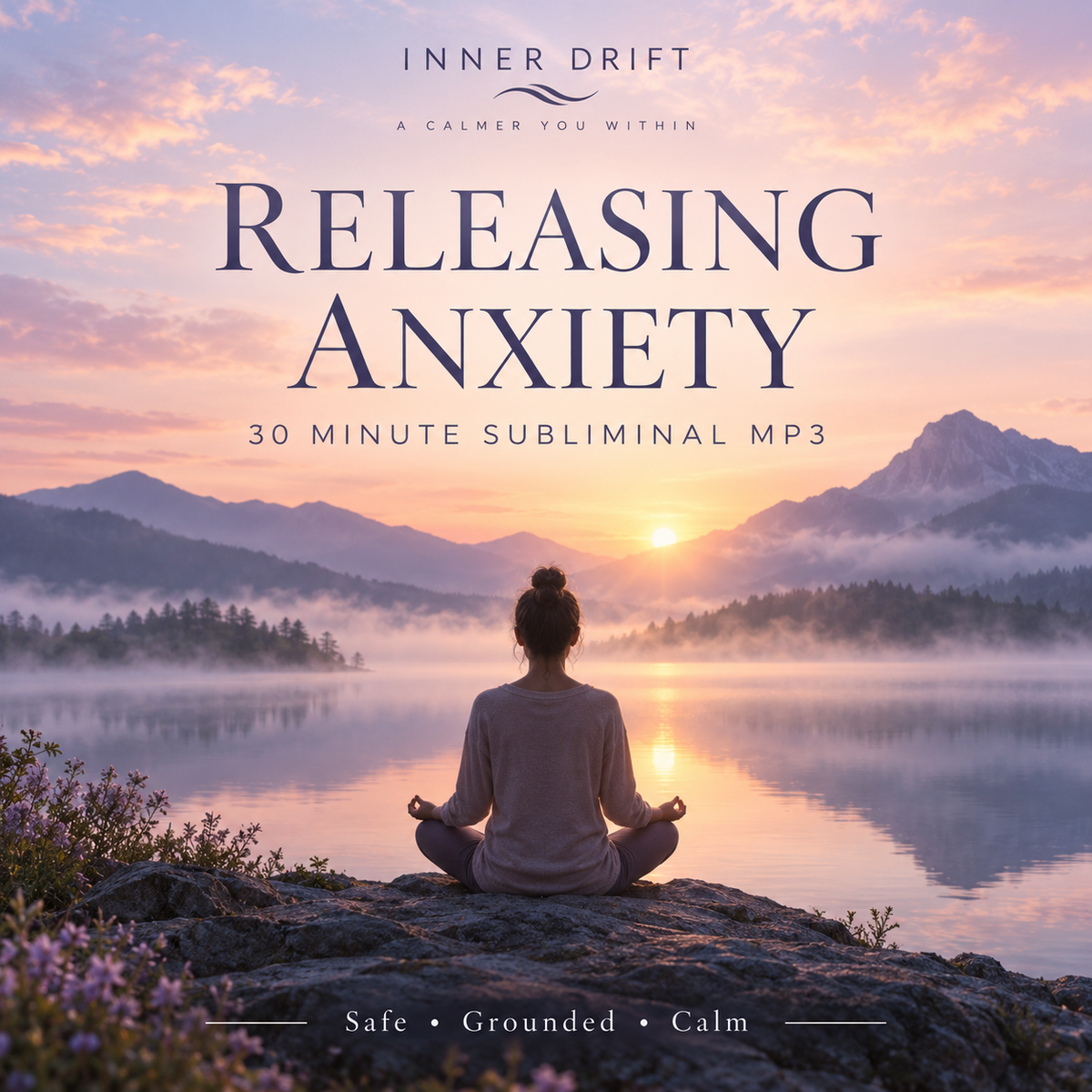 Digital cover art for a meditation audio titled 'Releasing Anxiety' by Inner Drift, featuring a person meditating on a rock by a calm lake at sunrise, with mountains and misty sky in the background.
