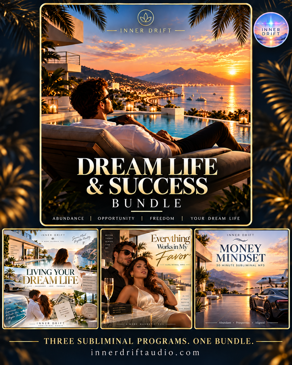 Inner Drift Dream Life & Success Bundle cover showing three subliminal audio programs: Living Your Dream Life, Everything Works in My Favor, and Money Mindset